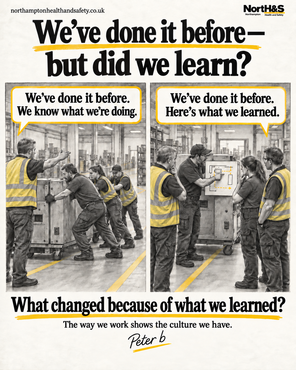 Two workplace teams contrast carrying on because they have done it before with sharing what they learned.